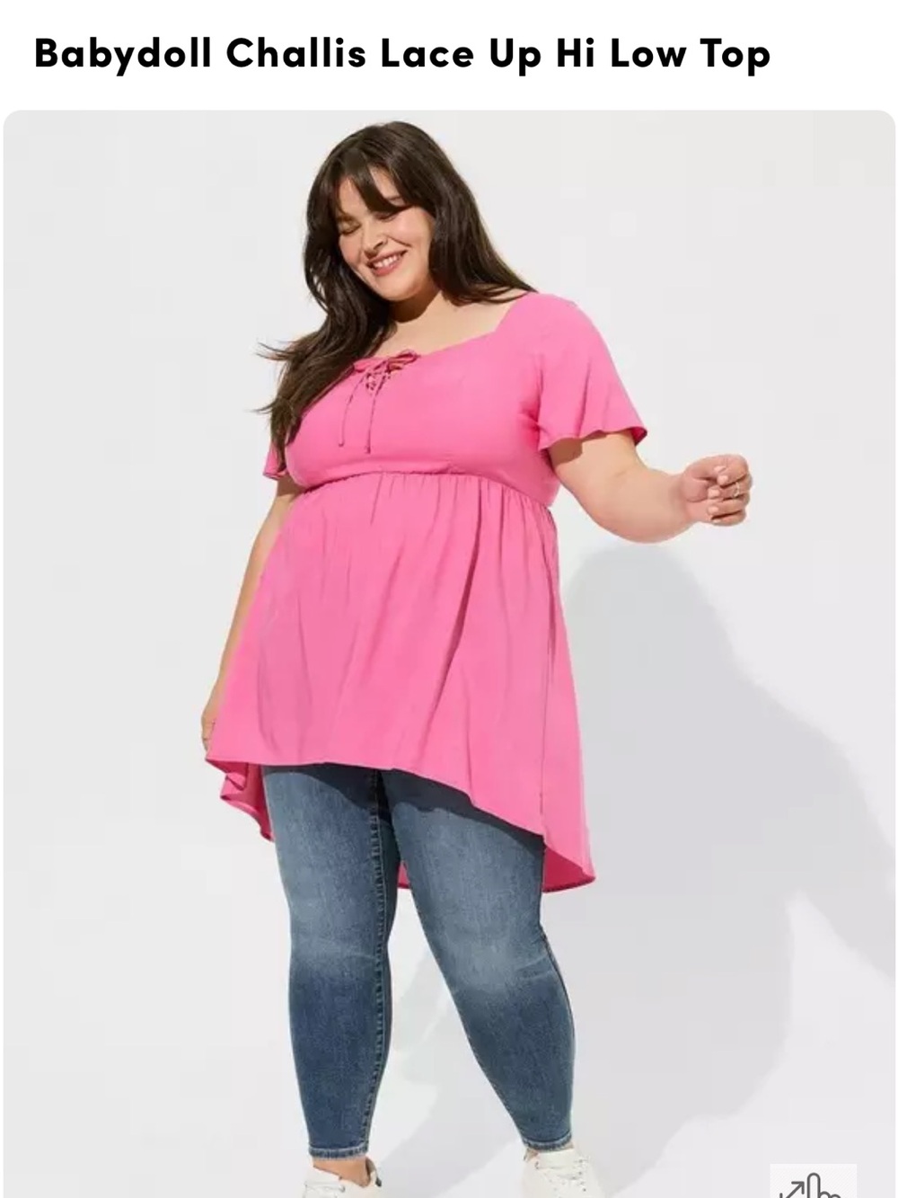 Babydoll challis Lace-Up Hi-Low Top - Pink 1X 14/16